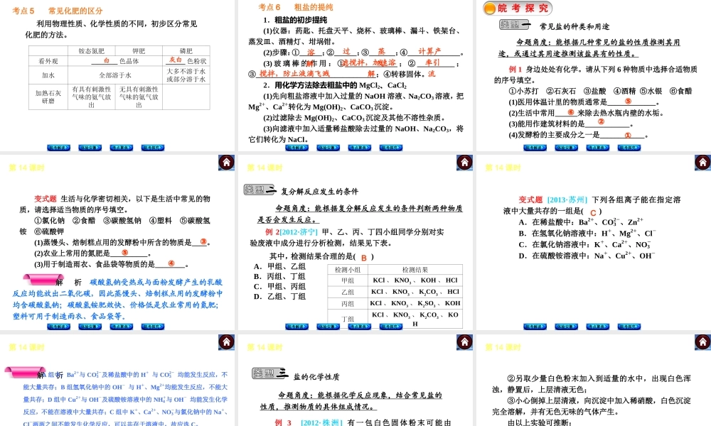 【最新中考必备】（安徽专版）2014中考化学复习方案 第14课时 盐和化肥（皖考解读+体验安徽+考点聚焦+皖考探究+13中考真题）权威课件