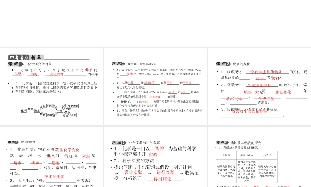【聚焦中考】2015中考化学总复习 第1讲 物质的变化和性质课件