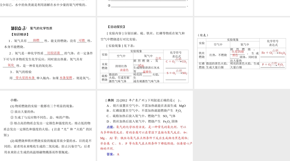 【随堂优化训练】2014九年级化学上册 第二单元 课题2 第1课时 氧气的性质课件 （新版）新人教版
