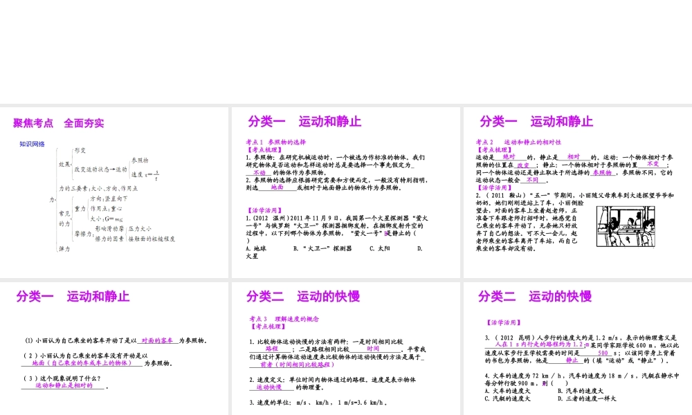 【聚焦中考】（浙江地区专版）2014中考科学总复习 第16讲 运动和力（一）课件（考点精讲+13中考真题）