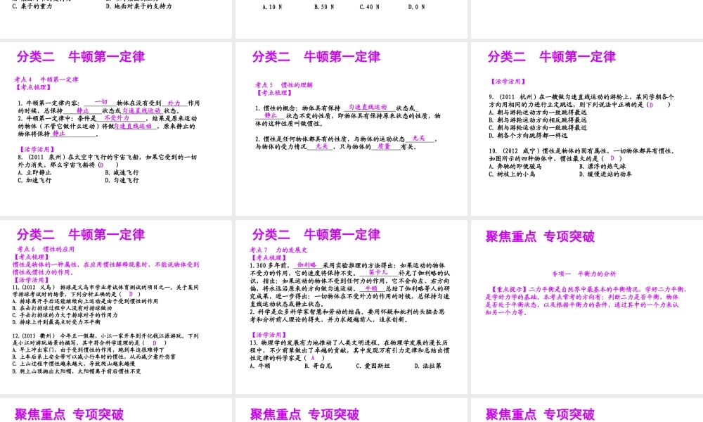 【聚焦中考】（浙江地区专版）2014中考科学总复习 第17讲 运动和力（二）课件（考点精讲+13中考真题）