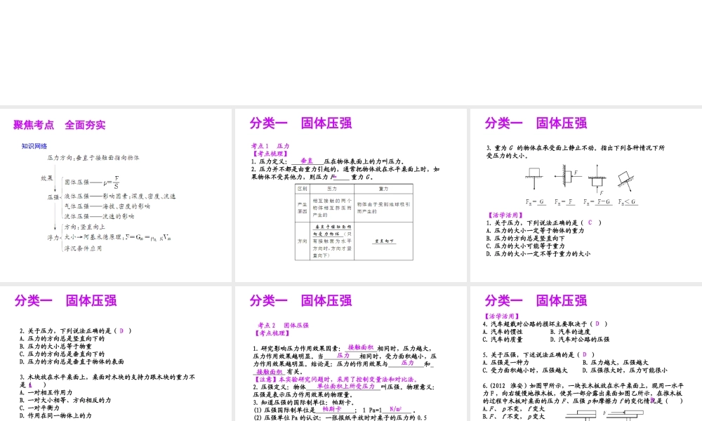 【聚焦中考】（浙江地区专版）2014中考科学总复习 第18讲 压强和浮力课件（考点精讲+13中考真题）