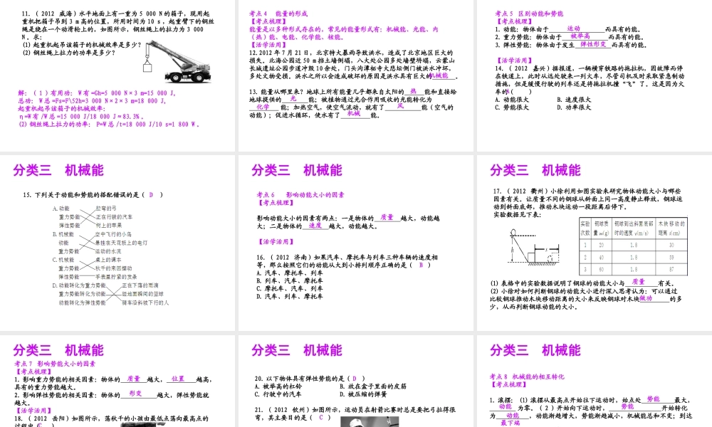 【聚焦中考】（浙江地区专版）2014中考科学总复习 第20讲 功和功率 机械能课件（考点精讲+13中考真题）