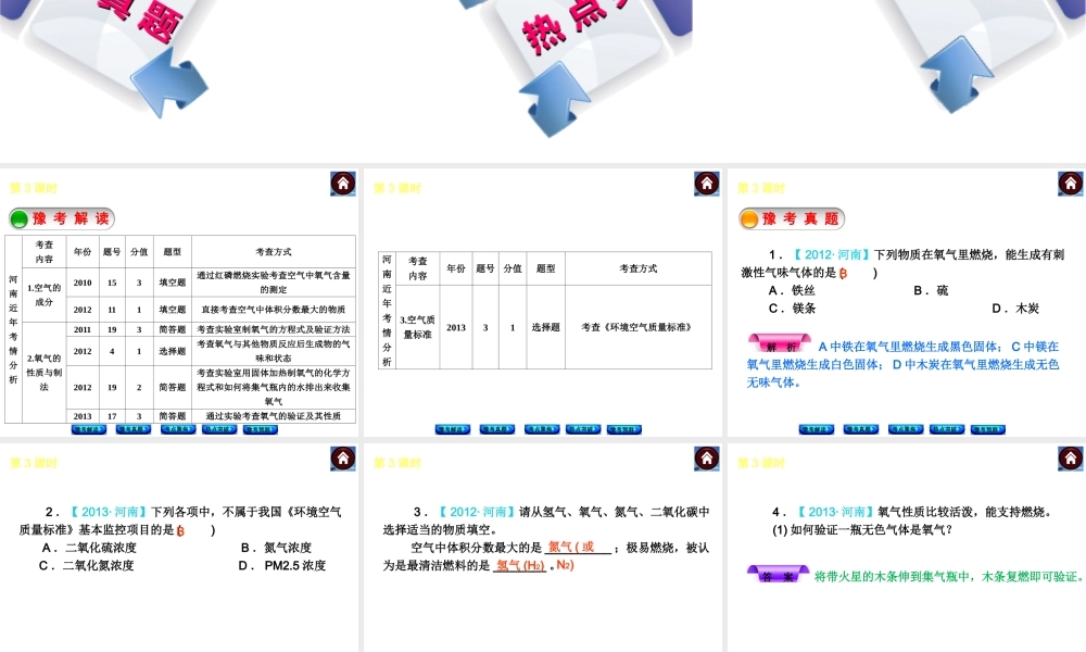 【最新中考必备】（河南专版）2014中考化学复习方案 第3课时 地球周围的空气（豫考解读+豫考真题+考点聚焦+热点突破+豫考预测+13中考真题）权威课件