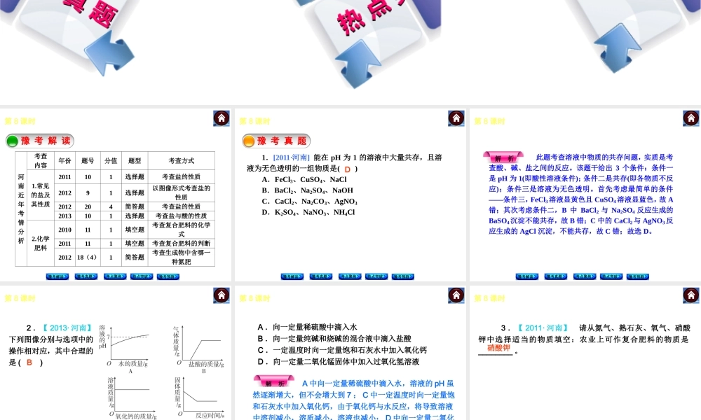 【最新中考必备】（河南专版）2014中考化学复习方案 第8课时 盐 化学肥料（豫考解读+豫考真题+考点聚焦+热点突破+豫考预测+13中考真题）权威课件
