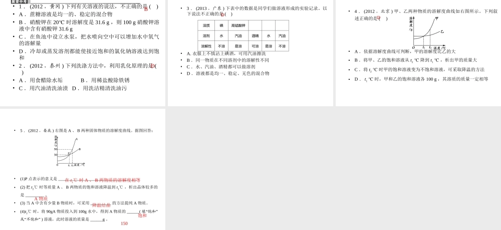【聚焦中考】2015中考化学总复习 第15讲 溶液的形成及溶解度课件