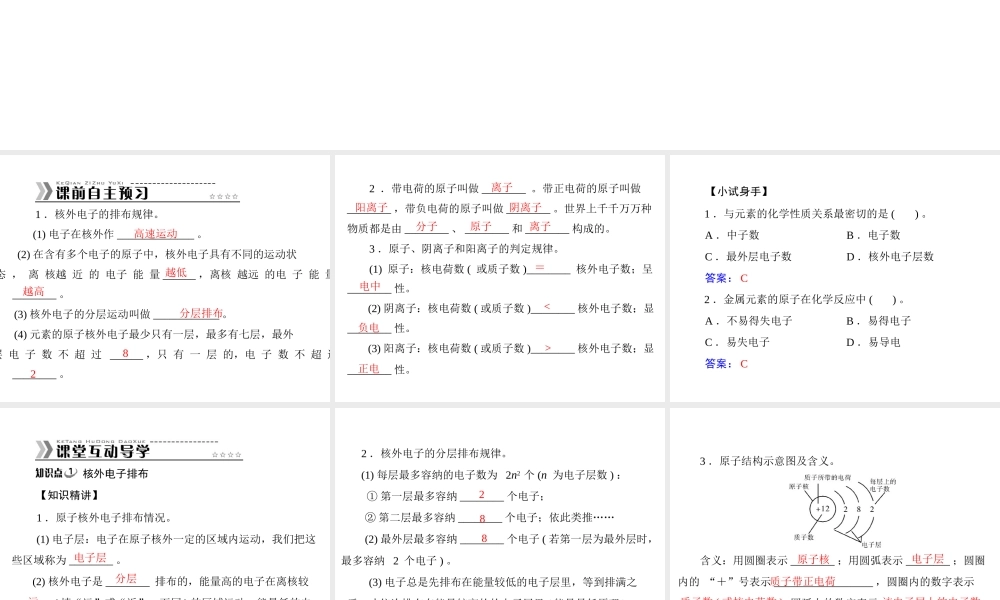 【随堂优化训练】2014九年级化学上册 第三单元 课题2 第2课时 原子核外电子的排布课件 （新版）新人教版
