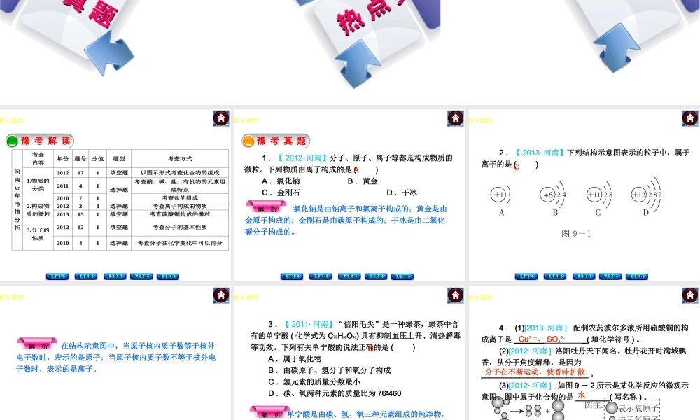 【最新中考必备】（河南专版）2014中考化学复习方案 第9课时 化学物质的多样性　微粒构成物质（豫考解读+豫考真题+考点聚焦+热点突破+豫考预测+13中考真题）权威课件