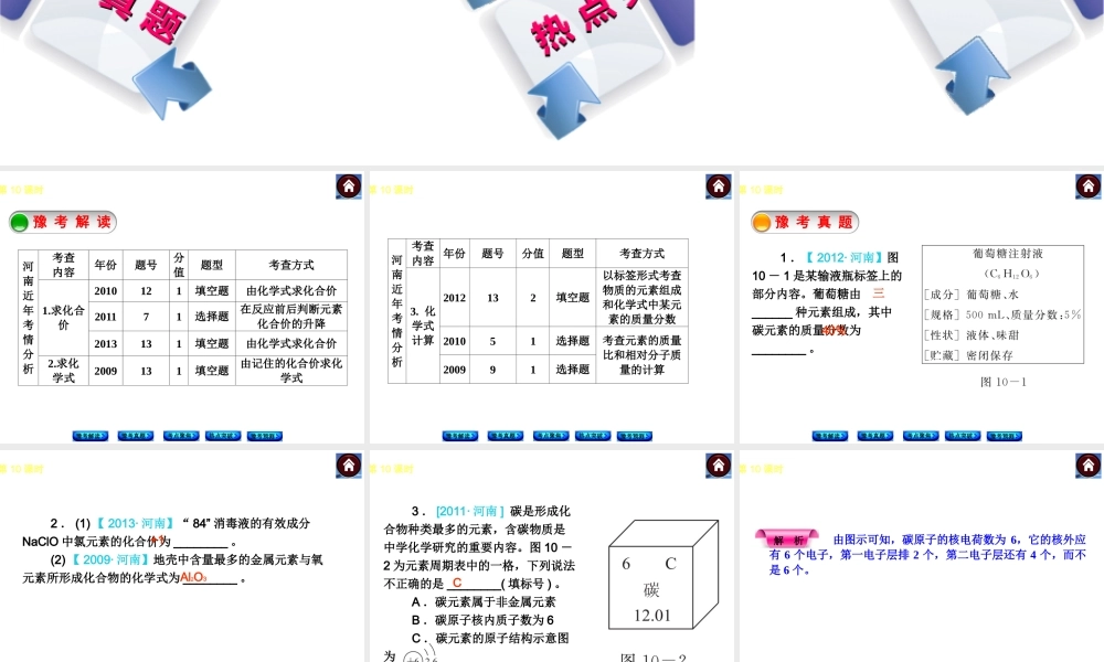 【最新中考必备】（河南专版）2014中考化学复习方案 第10课时 认识化学元素 物质组成的表示（豫考解读+豫考真题+考点聚焦+热点突破+豫考预测+13中考真题）权威课件