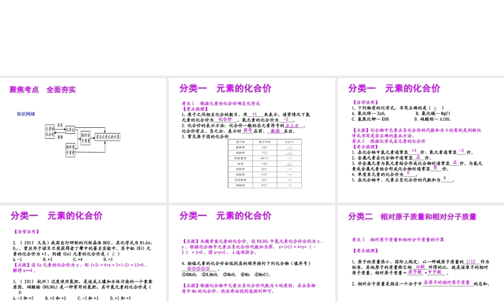 【聚焦中考】（浙江地区专版）2014中考科学总复习 第28讲 化合价与化学式课件（考点精讲+13中考真题）