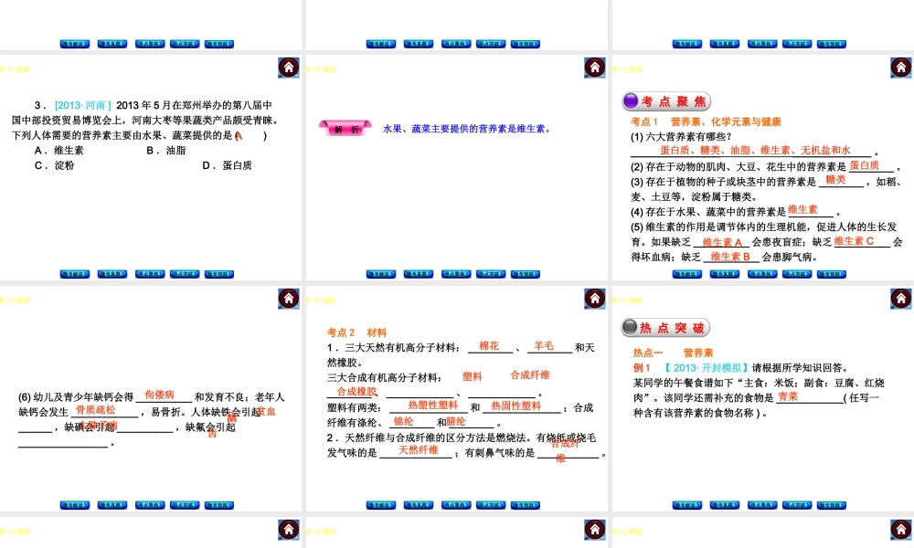 【最新中考必备】（河南专版）2014中考化学复习方案 第12课时 合成材料　化学物质与健康　保护好环境（豫考解读+豫考真题+考点聚焦+热点突破+豫考预测+13中考真题）权威课件