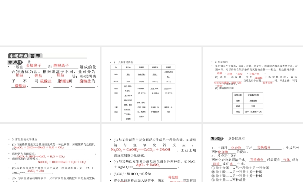 【聚焦中考】2015中考化学总复习 第19讲 生活中常见的盐课件