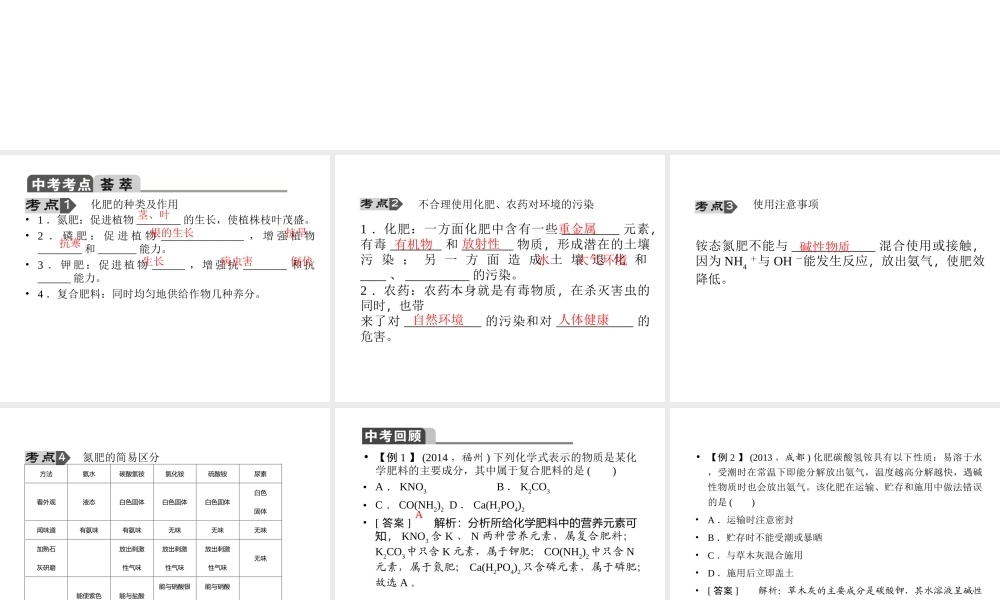 【聚焦中考】2015中考化学总复习 第20讲 化学肥料课件