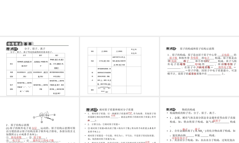 【聚焦中考】2015中考化学总复习 第22讲 专题一 物质的组成和结构课件