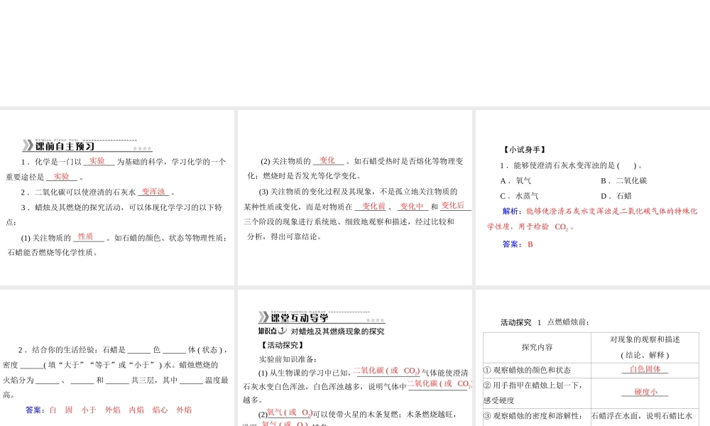 【随堂优化训练】2014九年级化学上册 第一单元 课题2 化学是一门以实验为基础的科学课件 （新版）新人教版