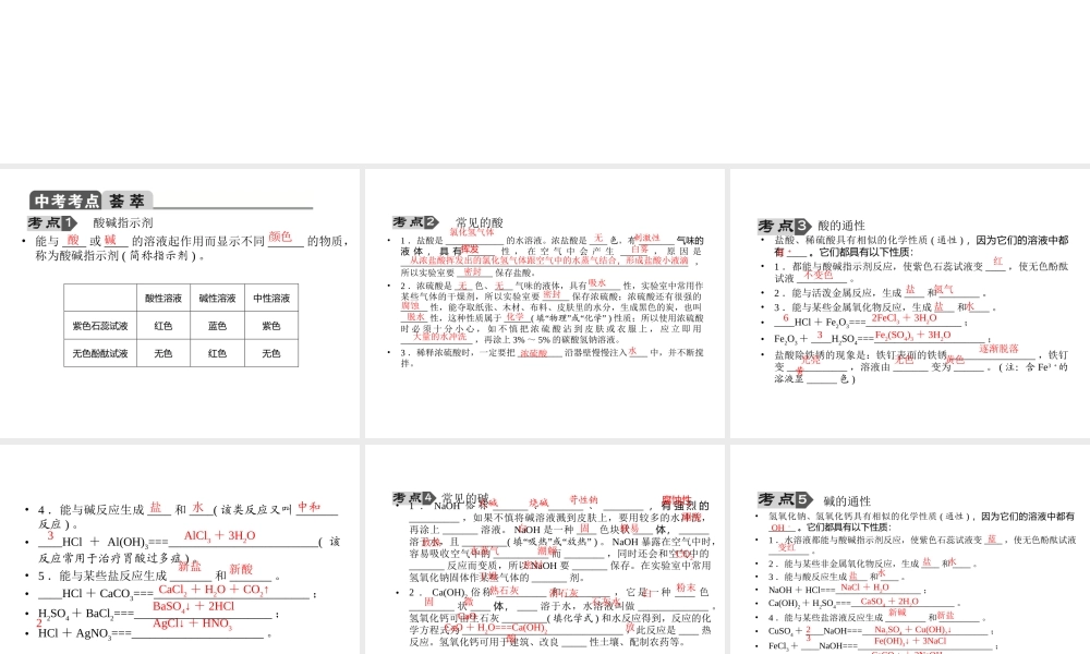 【聚焦中考】2015中考化学总复习 第30讲 专题九 常见的酸和碱课件