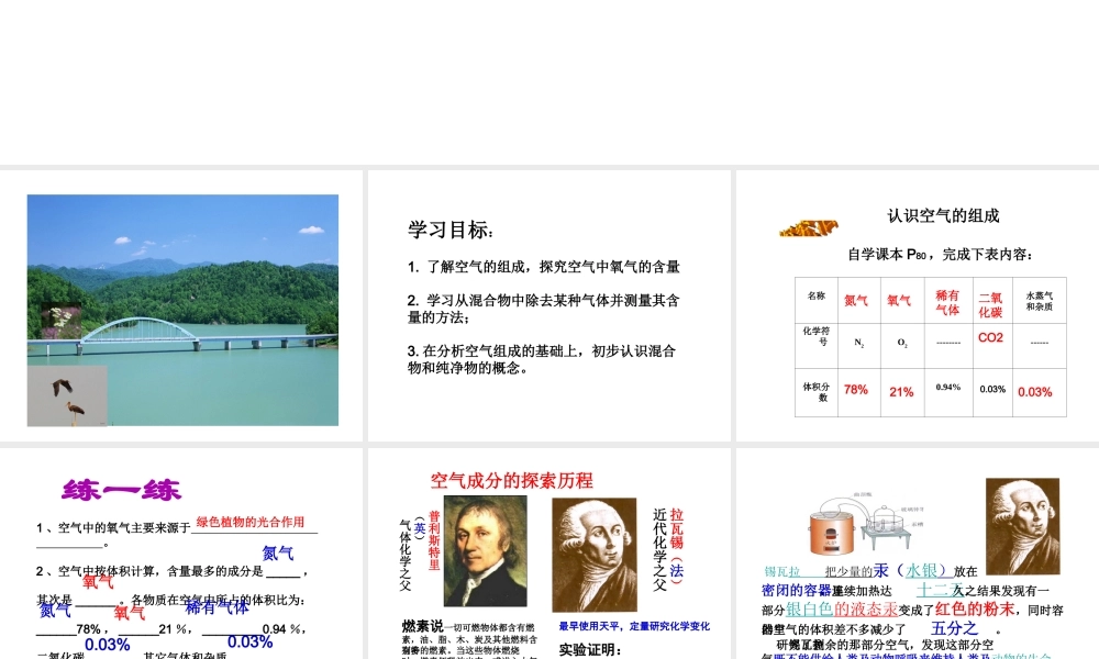 八年级化学 第四单元第一节《空气的成分第1课时》教学课件 鲁教版（五四学制）