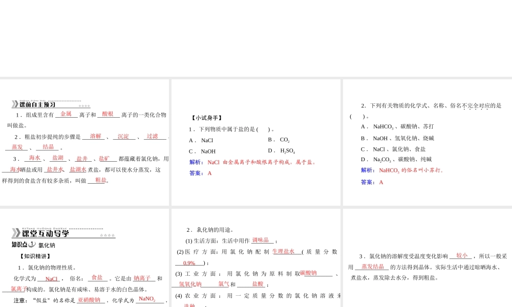 【随堂优化训练】2014九年级化学下册 第十一单元 课题1 第1课时 氯化钠课件 （新版）新人教版