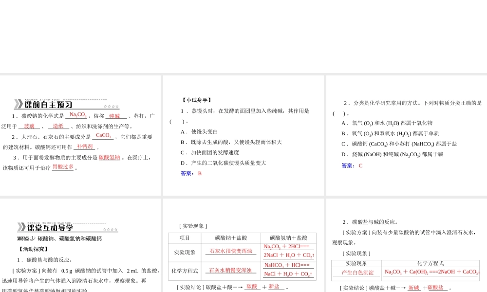 【随堂优化训练】2014九年级化学下册 第十一单元 课题1 第2课时 碳酸钠、碳酸氢钠和碳酸钙课件 （新版）新人教版