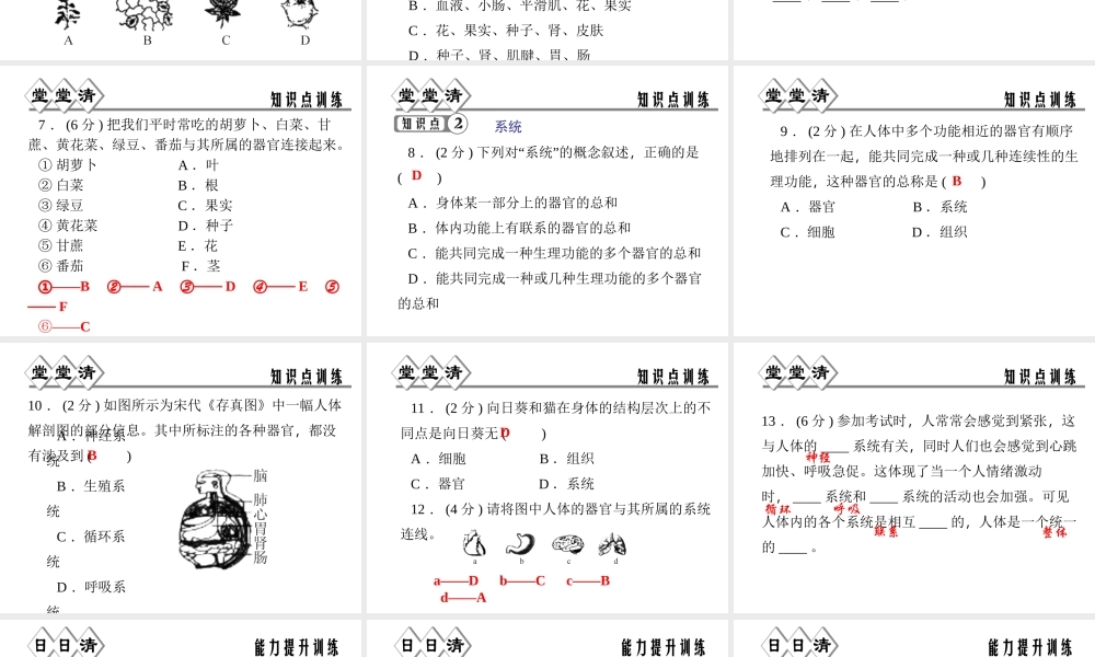 【四清导航】2014年秋七年级科学上册 第二章 第三节 第三课时 器官和系统课件 （新版）浙教版
