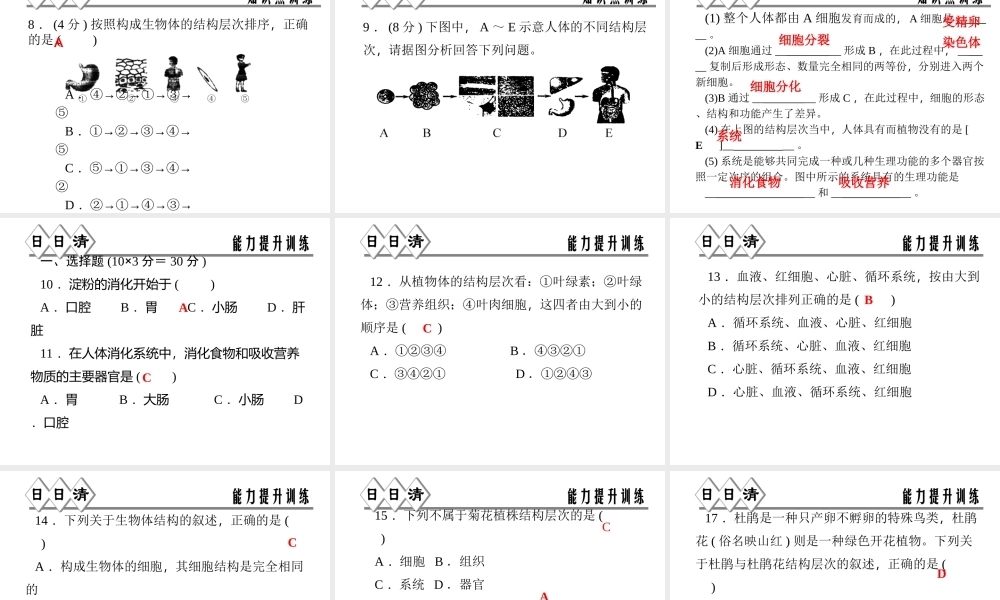 【四清导航】2014年秋七年级科学上册 第二章 第三节 第四课时 消化系统和人体结构层次课件 （新版）浙教版
