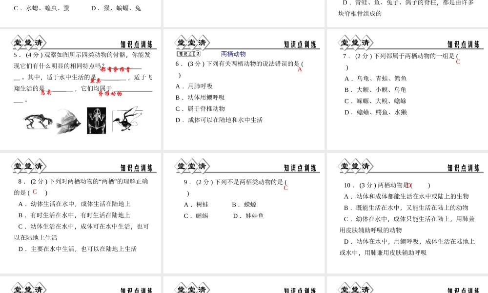 【四清导航】2014年秋七年级科学上册 第二章 第四节 第二课时 脊椎动物课件 （新版）浙教版