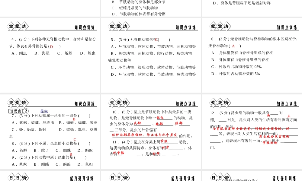 【四清导航】2014年秋七年级科学上册 第二章 第四节 第四课时 无脊椎动物课件 （新版）浙教版