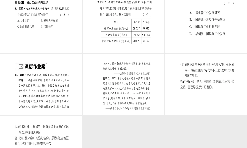 八年级历史上册 第1单元 列强侵华与晚晴时期的救亡图存 第4课 洋务运动与民办工业作业课件 岳麓版-岳麓级上册历史课件