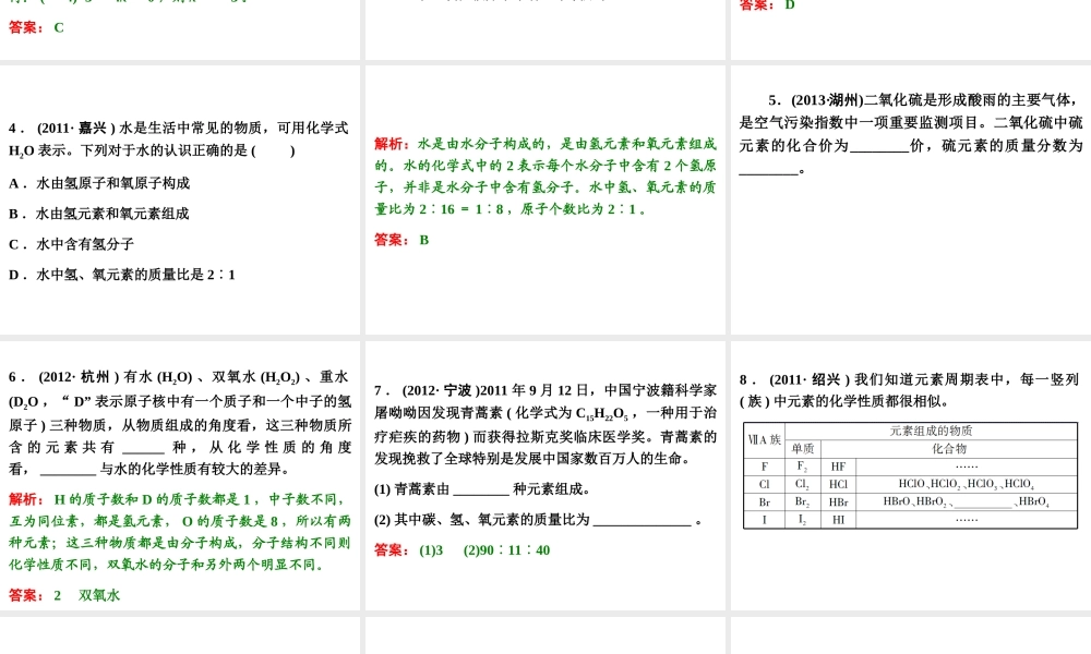 【浙江新中考】2014中考科学总复习 第三篇 物质科学（二） 第2讲 物质的组成及其表示（三年中考真题为例）课件