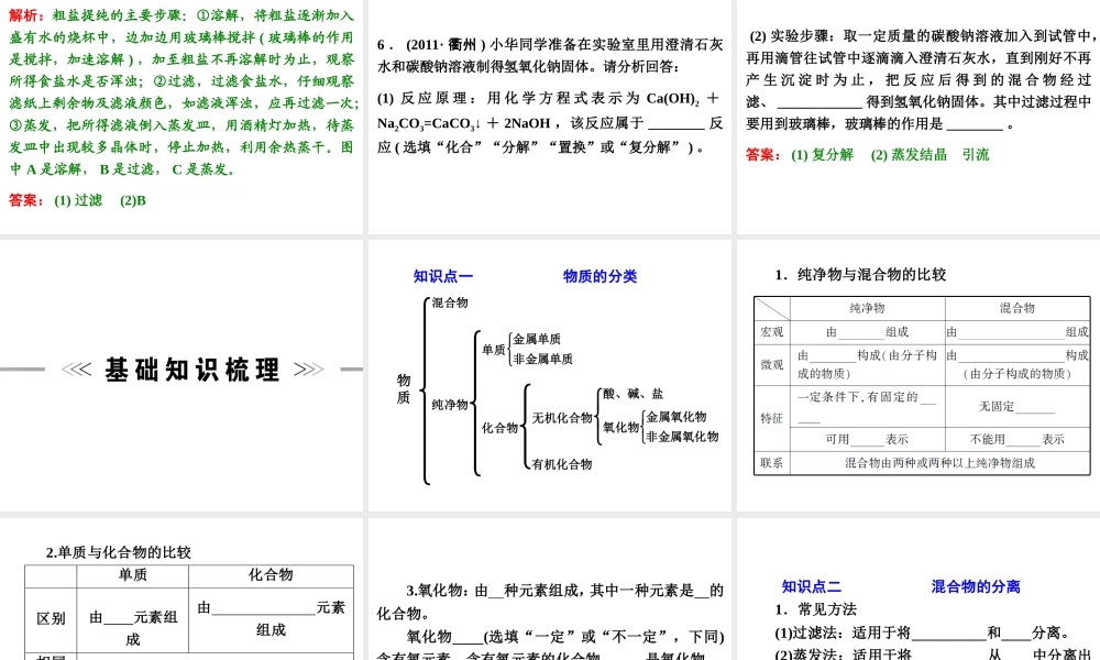 【浙江新中考】2014中考科学总复习 第三篇 物质科学（二） 第3讲 物质的分类与分离（三年中考真题为例）课件