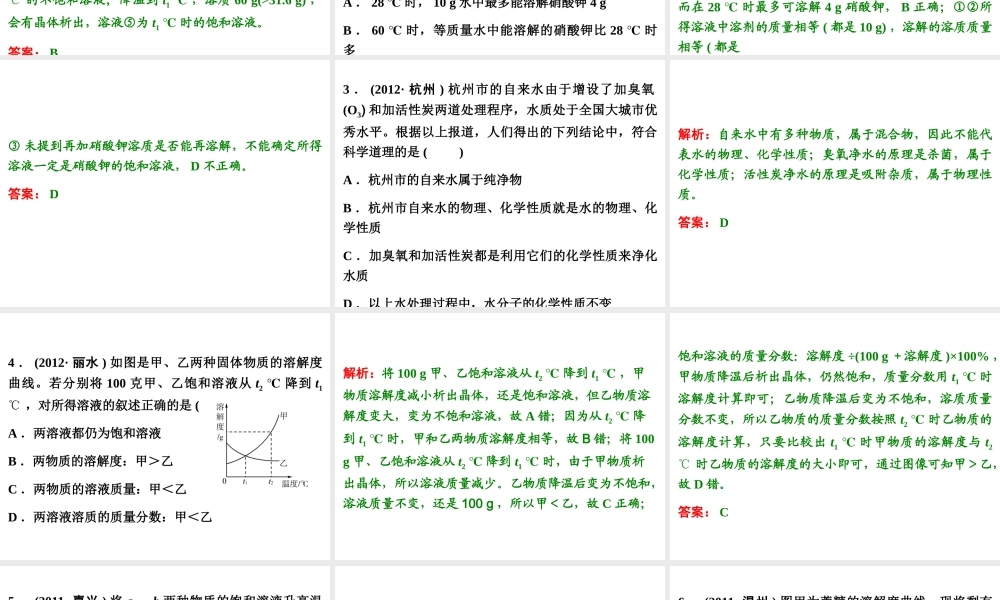 【浙江新中考】2014中考科学总复习 第三篇 物质科学（二） 第5讲 水和溶液（三年中考真题为例）课件