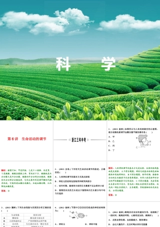 【浙江新中考】2014中考科学总复习 第一篇 生命科学 第6讲 生命活动的调节（三年中考真题为例）课件