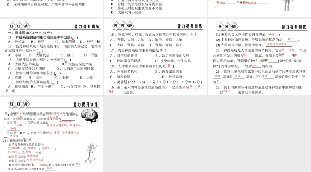 【四清导航】2014年秋八年级科学上册 第三章 第3节 第1课时 神经系统课件 浙教版