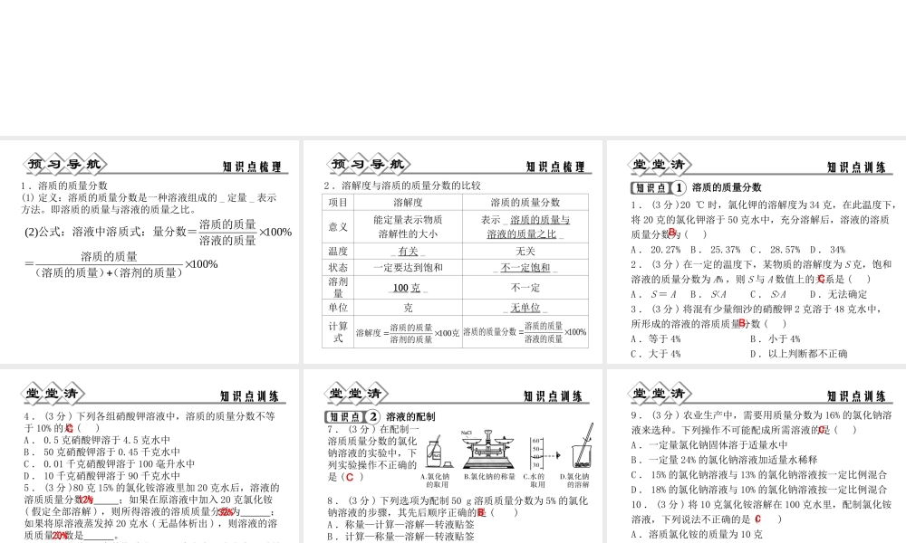 【四清导航】2014年秋八年级科学上册 第一章 第5节 物质的溶解（第4课时）课件 浙教版