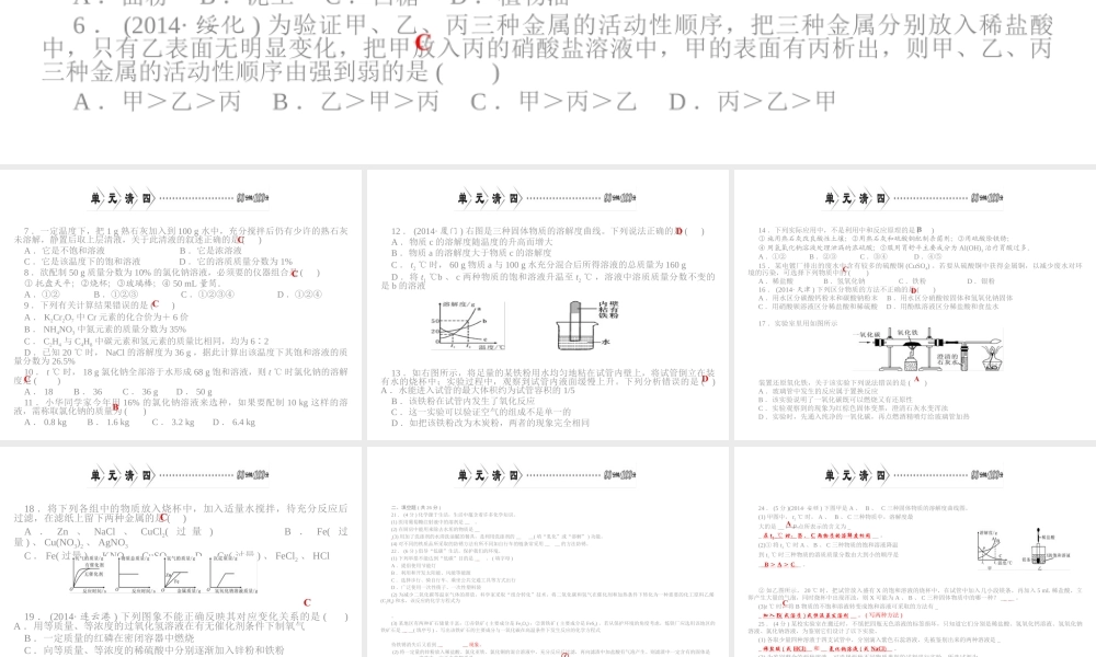 【四清导航】2015春九年级化学下册 第八单元 单元清四精讲课件 （新版）新人教版