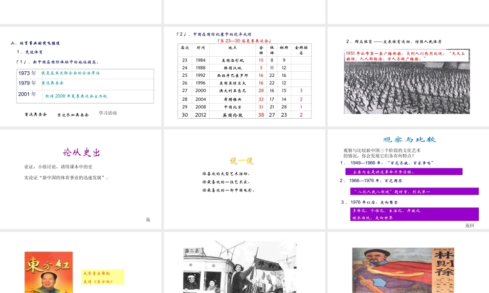 八年级历史下册 第六单元 第20课 文化艺术和体育课件 华东师大版-华东师大版初中八年级下册历史课件