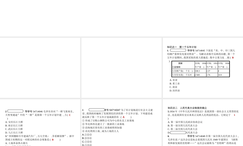 八年级历史下册 第二单元 社会主义制度的建立与社会主义建设的探索 第四课 工业化的起步和人民代表大会制度的确立（精练）课件 新人教版-新人教级下册历史课件