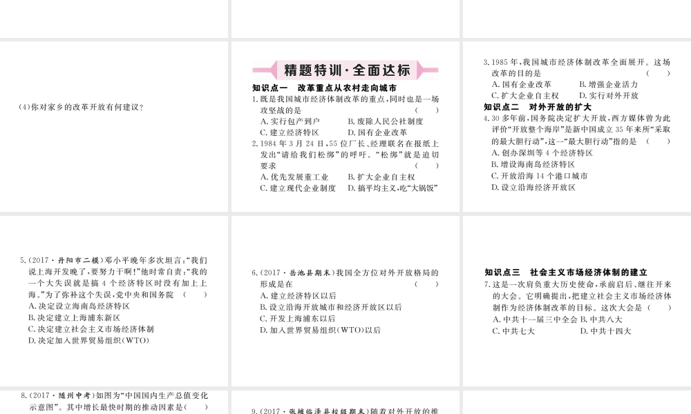 八年级历史下册 第三单元 社会主义现代化建设的新时期 第8课 改革开放的全面展开习题课件 川教版-川教级下册历史课件