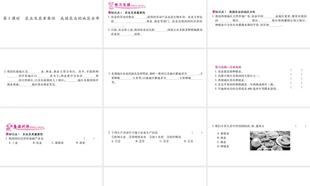 八年级地理上册 第4章 第2节 农业（第1课时 农业及其重要性，我国农业的地区分布）习题课件 （新版）新人教版-（新版）新人教版初中八年级上册地理课件