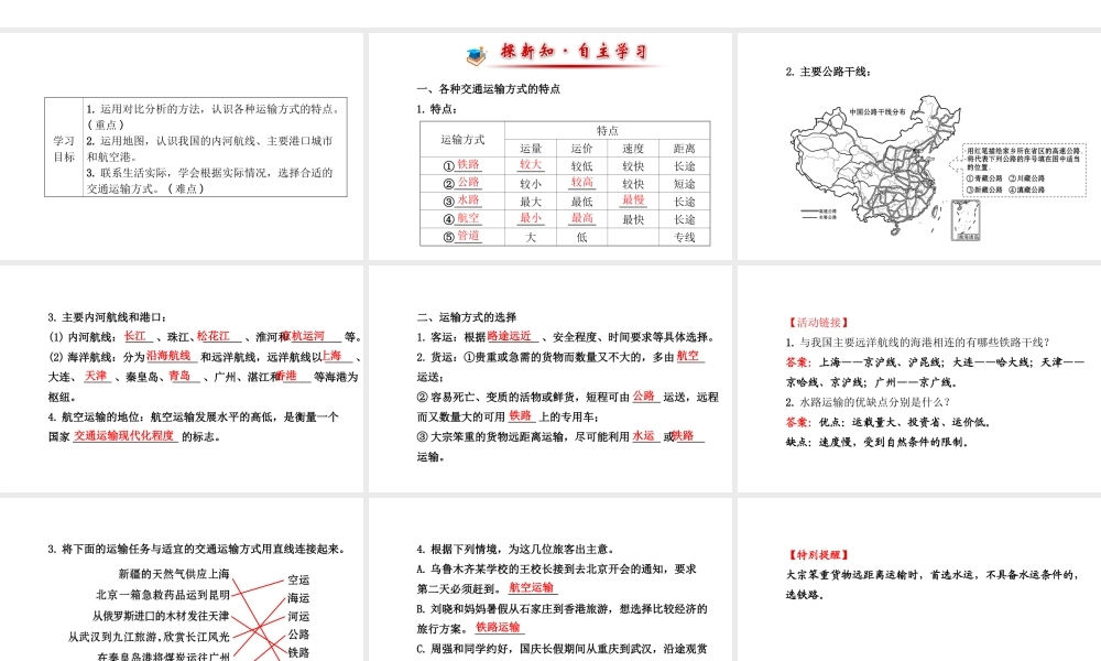 八年级地理上册 4.3 交通运输业（交通运输方式的特点及选择）课件 （新版）湘教版-（新版）湘教版初中八年级上册地理课件