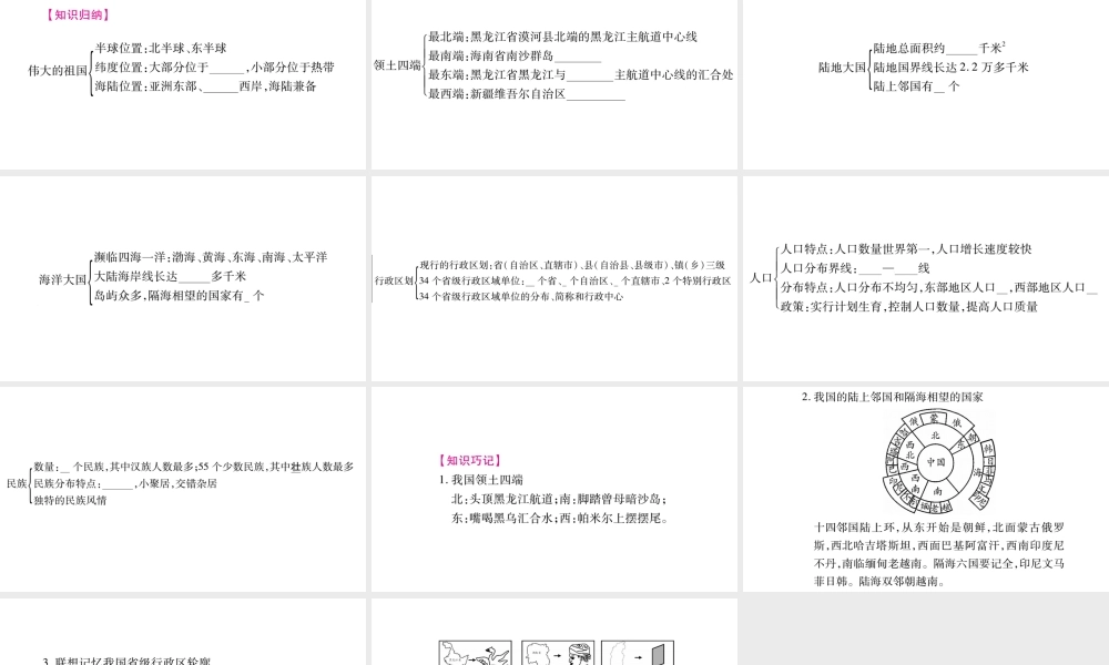 八年级地理上册 第1章 中国的疆域与人口本章知识归纳习题课件 （新版）湘教版-（新版）湘教版初中八年级上册地理课件