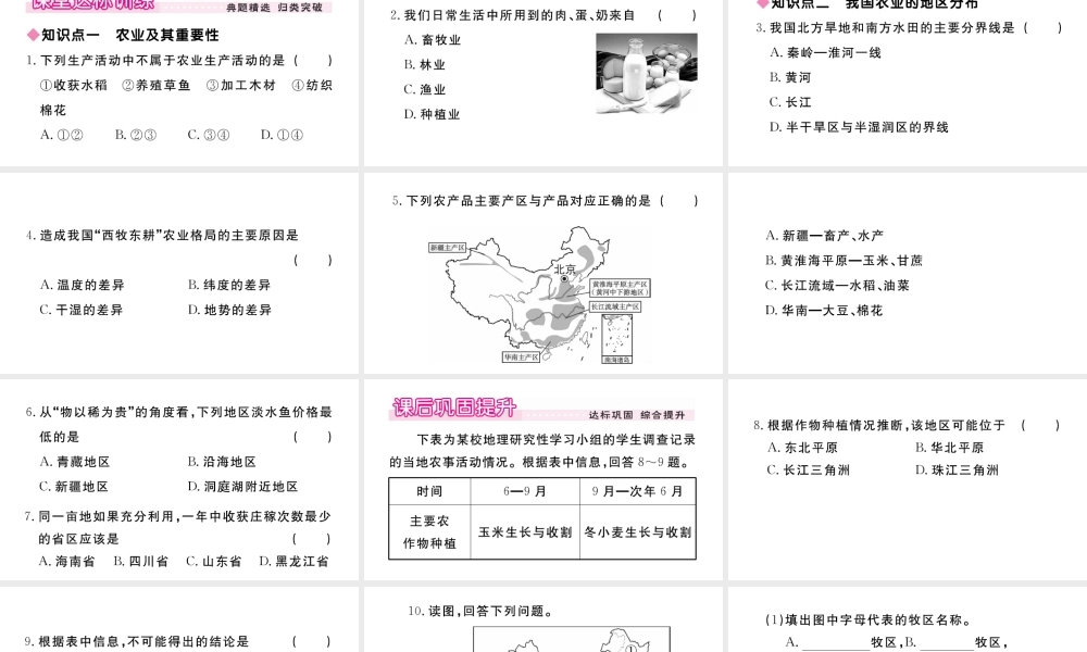 八年级地理上册 第四章 中国的经济发展 第二节 农业（第1课时 农业及其重要性 我国农业的地区分布）作业课件 （新版）新人教版-（新版）新人教版初中八年级上册地理课件
