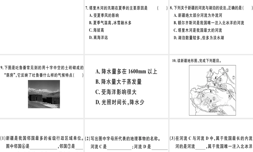 八年级地理下册 第八章 第三节 新疆维吾尔自治区的地理概况与区域开发（第1课时 新疆维吾尔自治区的地理环境）习题课件 （新版）湘教版-（新版）湘教版初中八年级下册地理课件