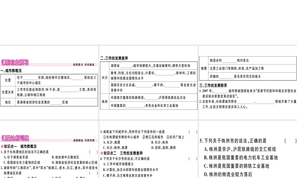 八年级地理下册 第七章 第五节 长株潭城市群内部的差异与联系习题课件 （新版）湘教版-（新版）湘教版初中八年级下册地理课件