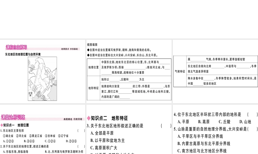 八年级地理下册 第六章 第一节 东北地区的地理位置与自然环境习题课件 （新版）湘教版-（新版）湘教版初中八年级下册地理课件
