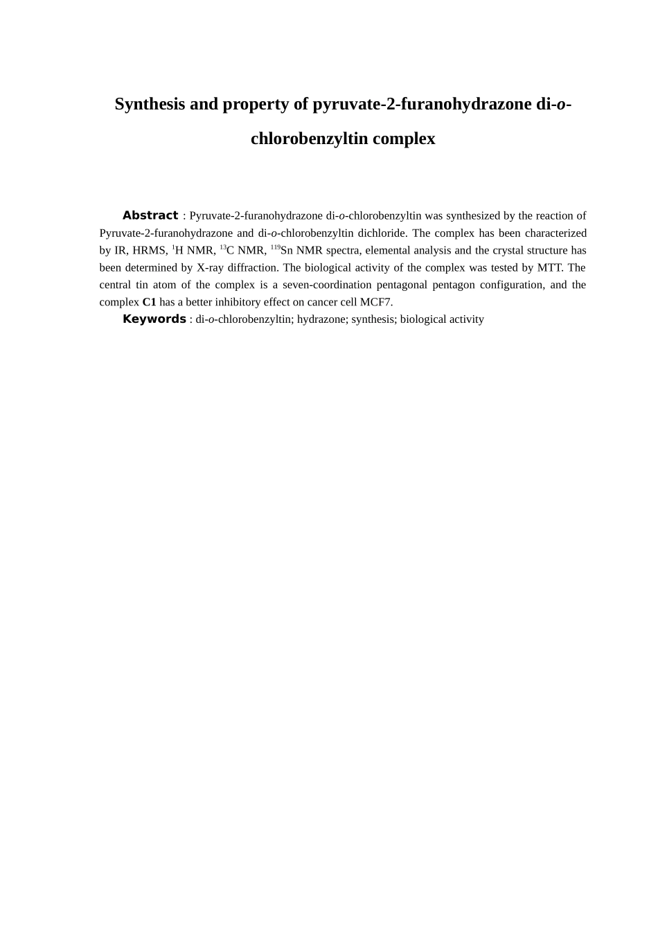 丙酮酸-2-呋喃酰腙二邻氯苄基锡配合物的合成及性质分析研究  临床医学管理专业_第2页
