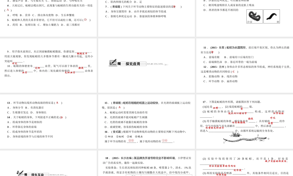 八年级生物上册 第五单元 第一章 第二节 线形动物和环节动物（第2课时 环节动物）习题课件 （新版）新人教版-（新版）新人教版初中八年级上册生物课件