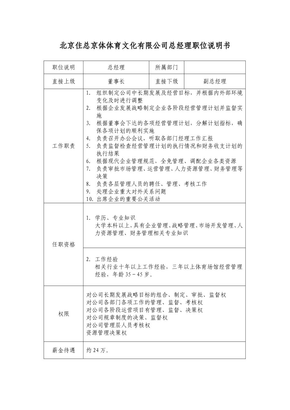 北京住总京体体育文化有限公司总经理职位说明书_第1页