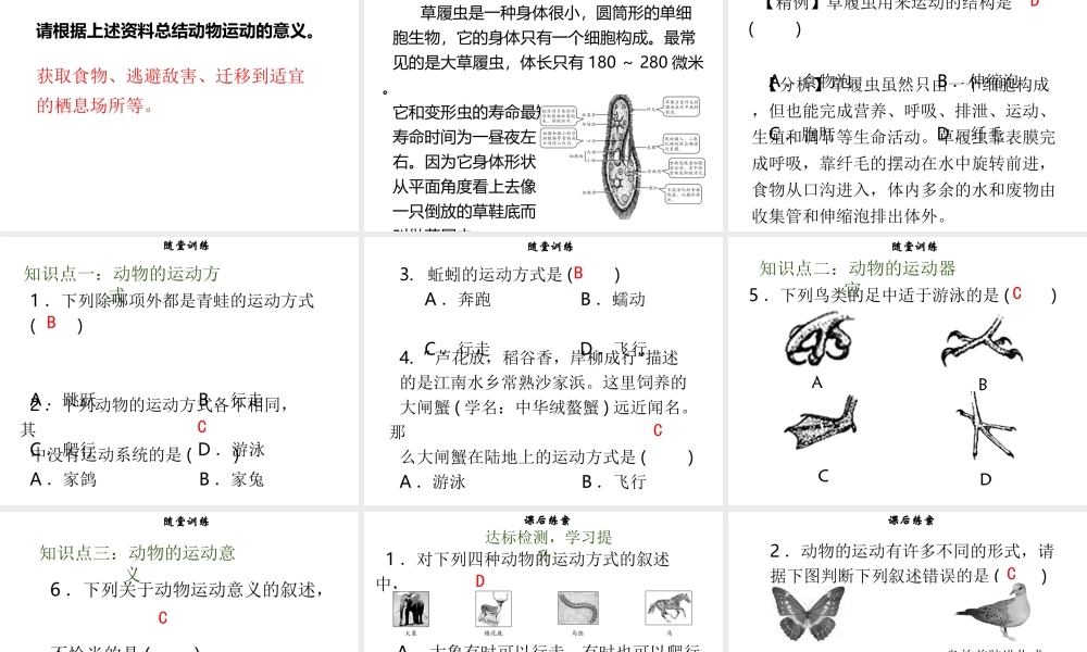 八年级生物上册 第五单元 第15章 第1节 动物的运动方式习题课件 （新版）北师大版-（新版）北师大级上册生物课件
