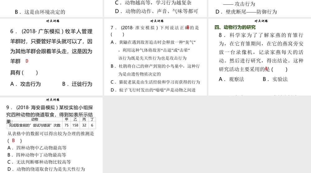 八年级生物上册 第五单元 第16章 动物的行为章末小结习题课件 （新版）北师大版-（新版）北师大级上册生物课件
